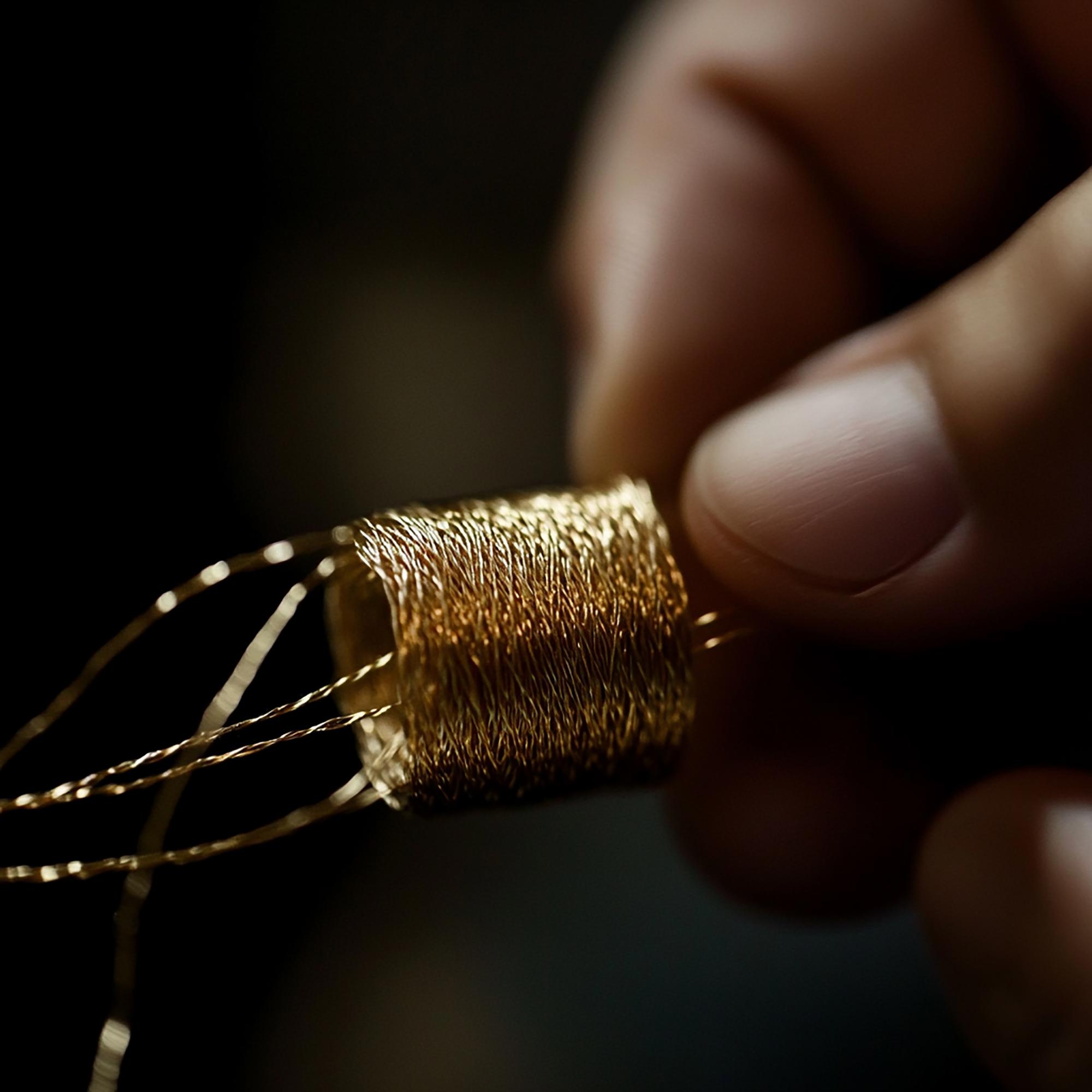 close-up of gold-thread embroidery on velvet
